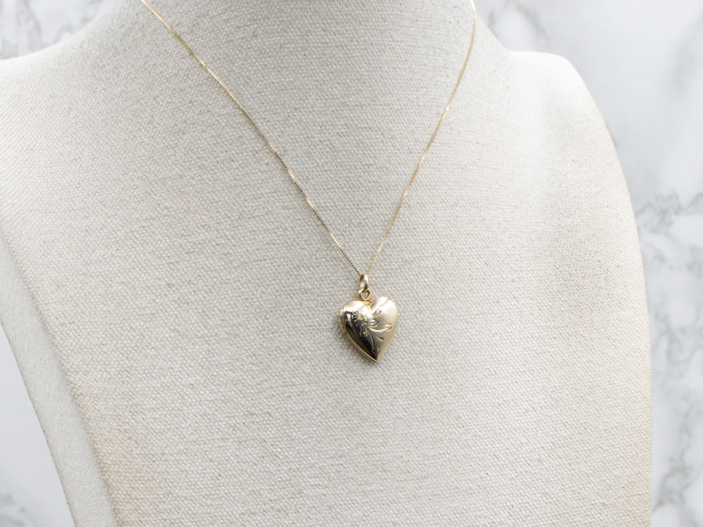 Engraved Yellow Gold Floral Heart Locket