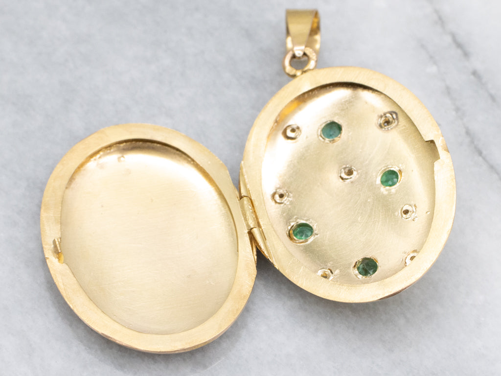 Vintage Emerald and Diamond Engraved Gold Locket