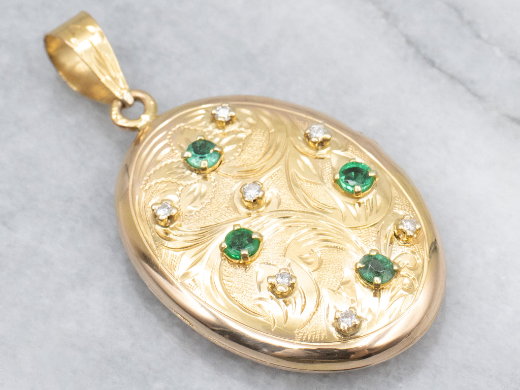 Vintage Emerald and Diamond Engraved Gold Locket