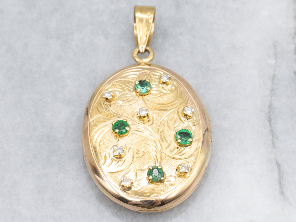 Vintage Emerald and Diamond Engraved Gold Locket