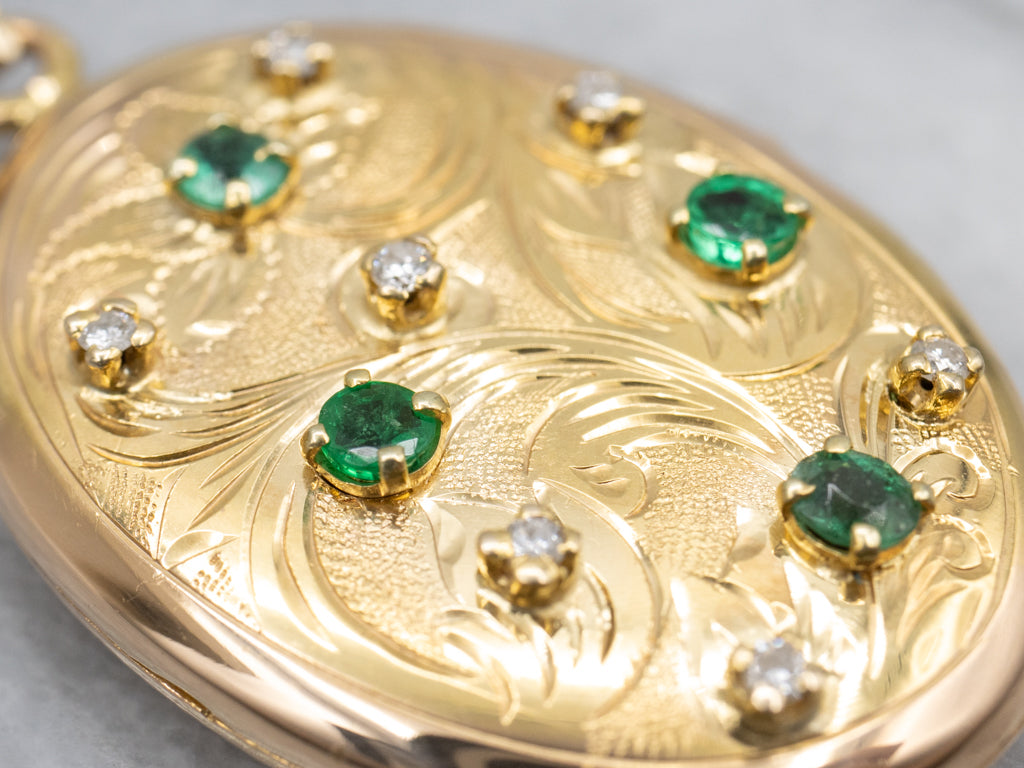 Vintage Emerald and Diamond Engraved Gold Locket