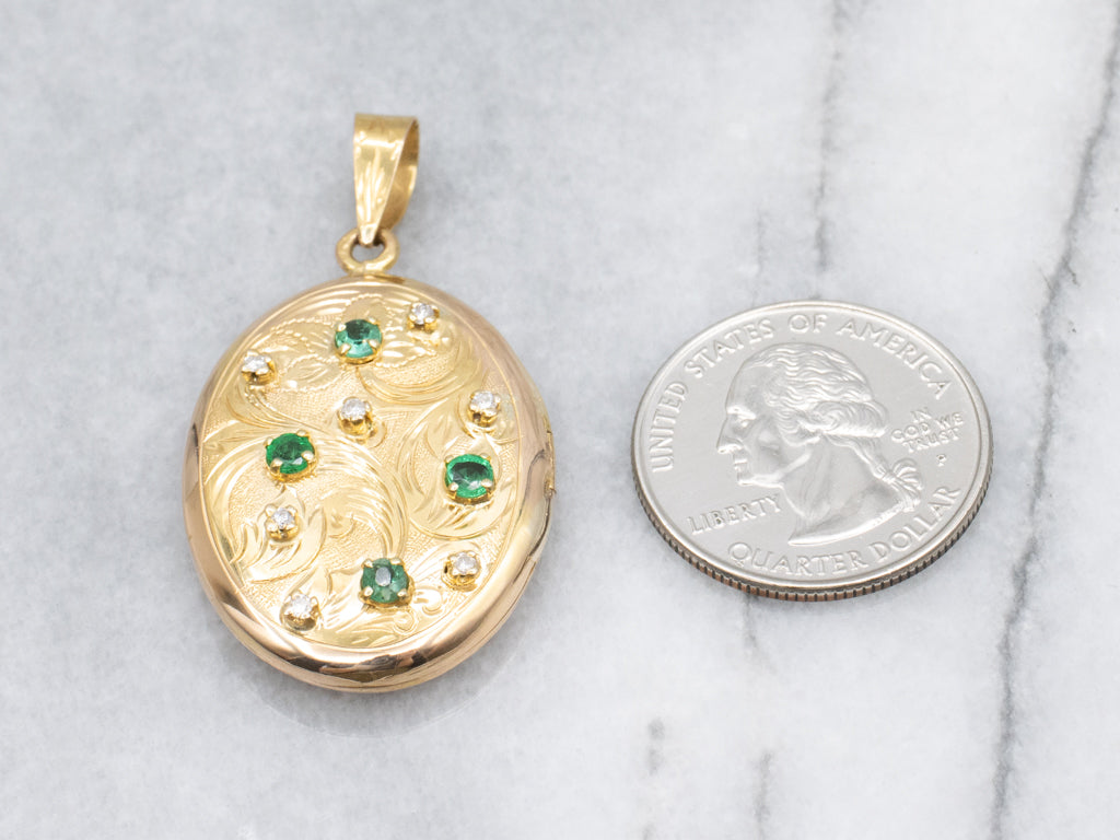 Vintage Emerald and Diamond Engraved Gold Locket