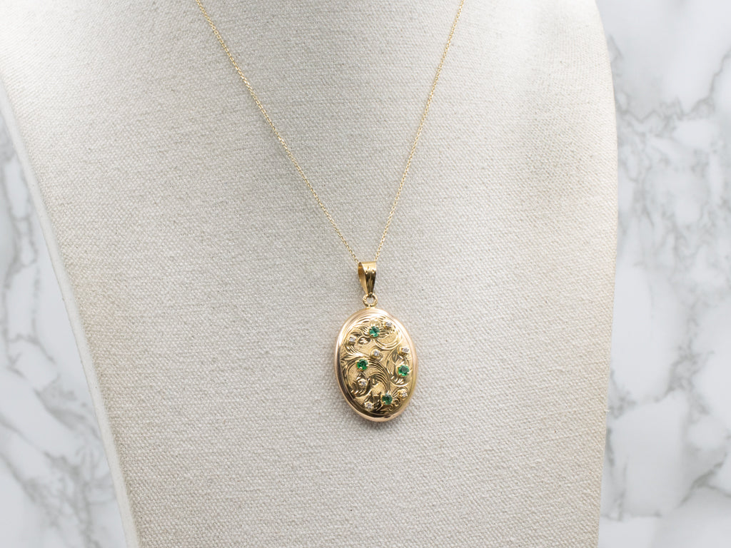 Vintage Emerald and Diamond Engraved Gold Locket