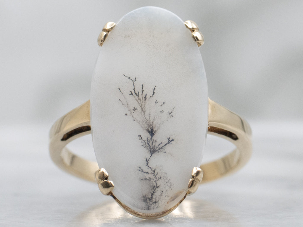 Elongated Oval-Cut Dendritic Agate Ring