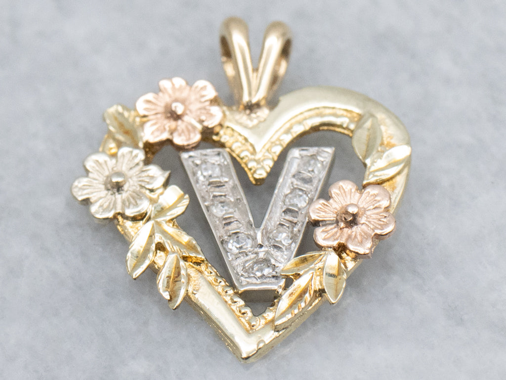 Mix-Era Diamond Initial "V"  Floral Gold Heart Pendant