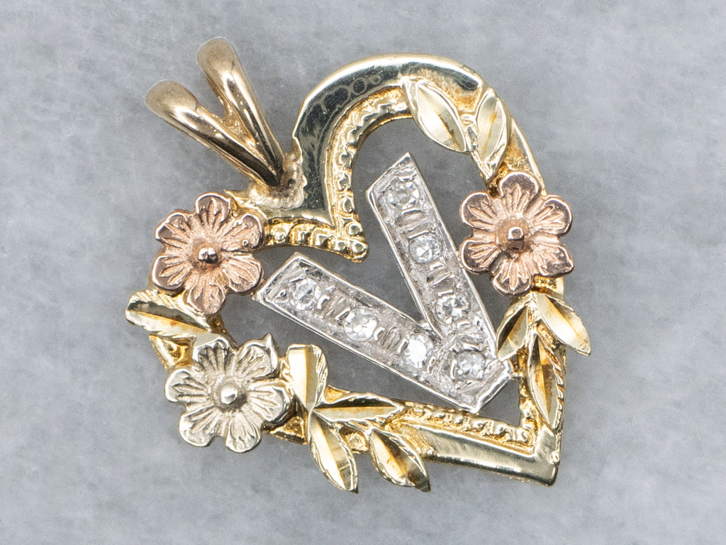 Mix-Era Diamond Initial "V"  Floral Gold Heart Pendant