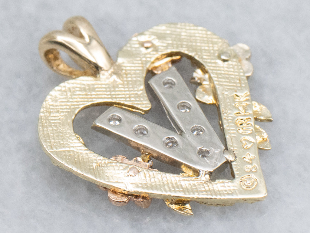 Mix-Era Diamond Initial "V"  Floral Gold Heart Pendant