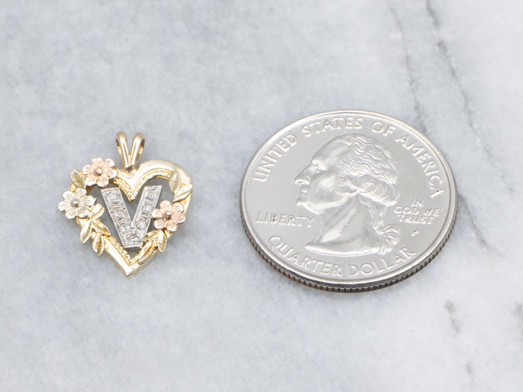 Mix-Era Diamond Initial "V"  Floral Gold Heart Pendant