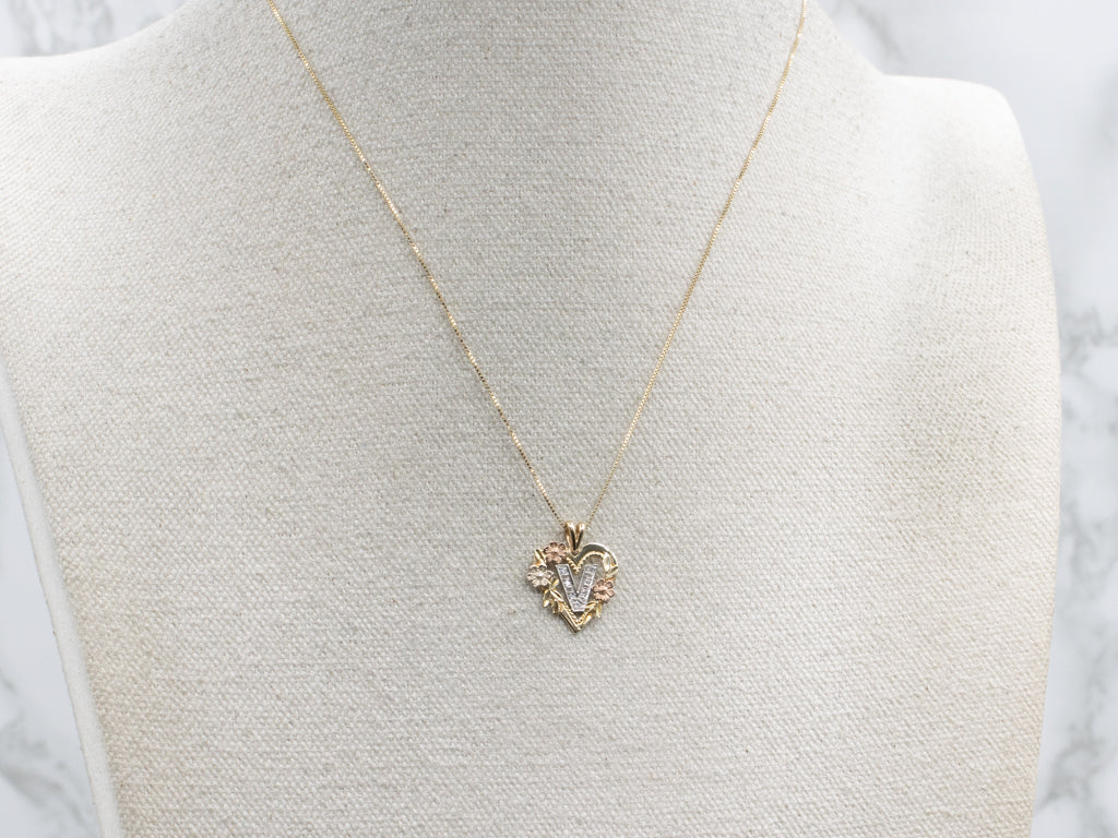 Mix-Era Diamond Initial "V"  Floral Gold Heart Pendant