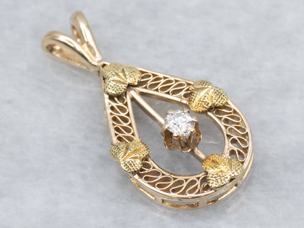 Old Mine Cut Diamond Gold Clover Filigree Teardrop Pendant