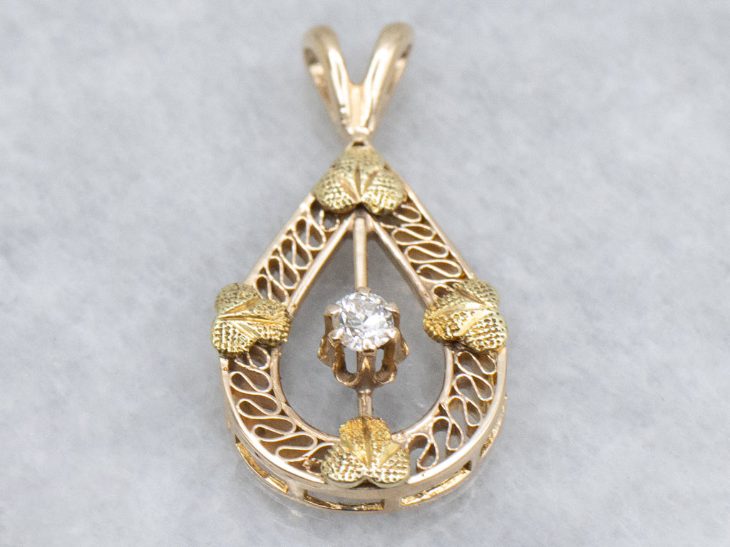 Old Mine Cut Diamond Gold Clover Filigree Teardrop Pendant