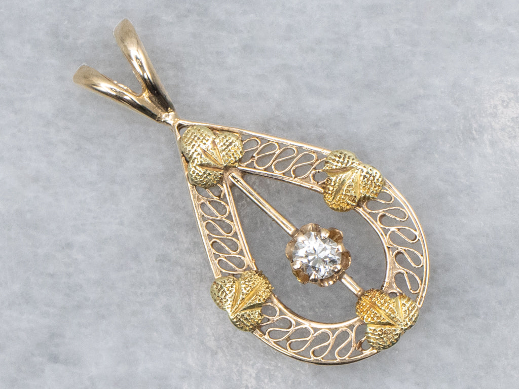 Old Mine Cut Diamond Gold Clover Filigree Teardrop Pendant