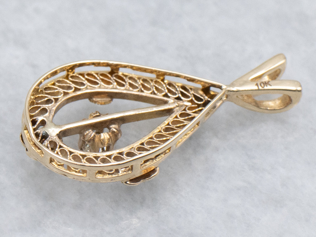 Old Mine Cut Diamond Gold Clover Filigree Teardrop Pendant