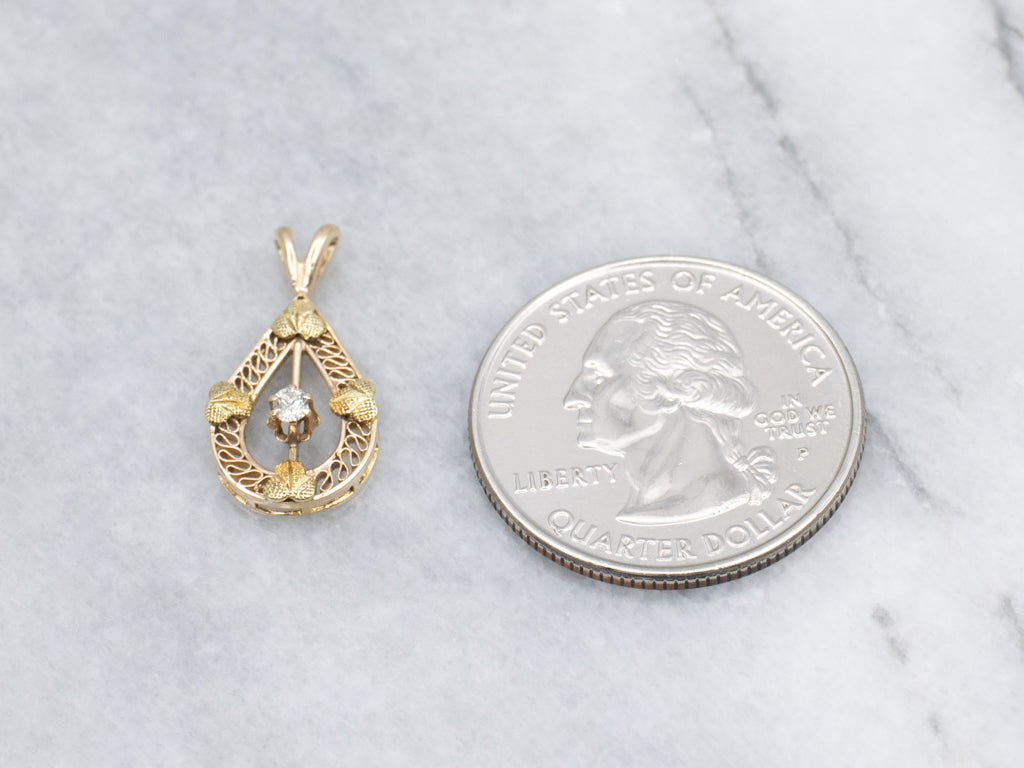Old Mine Cut Diamond Gold Clover Filigree Teardrop Pendant