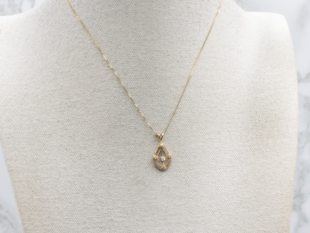 Old Mine Cut Diamond Gold Clover Filigree Teardrop Pendant