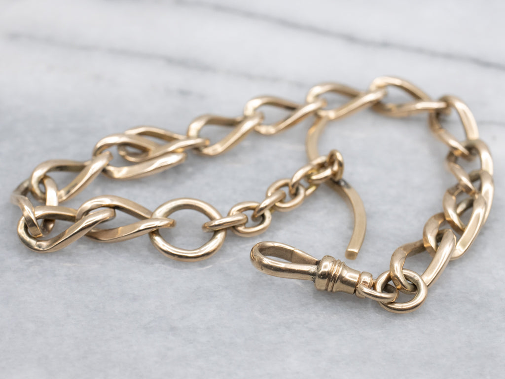 Vintage Gold Curb-Link Bracelet with Curved T-Bar Drop