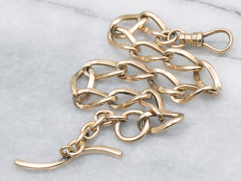 Vintage Gold Curb-Link Bracelet with Curved T-Bar Drop