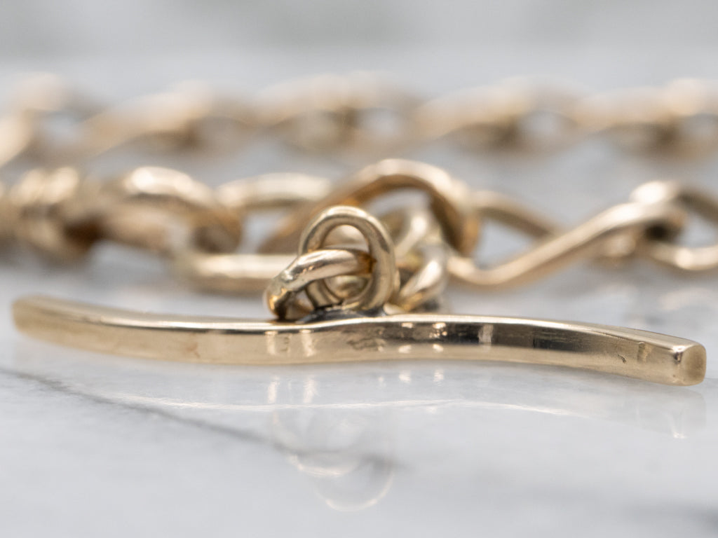 Vintage Gold Curb-Link Bracelet with Curved T-Bar Drop