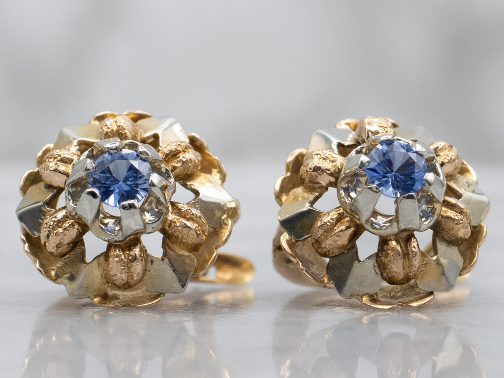 Vintage Two-Tone Gold Floral Sapphire Drop Earrings