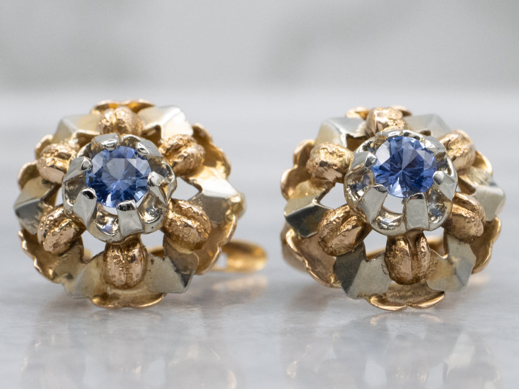 Vintage Two-Tone Gold Floral Sapphire Drop Earrings