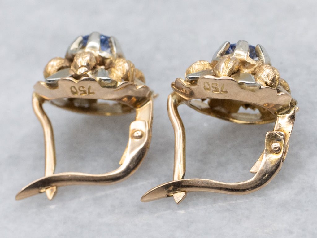 Vintage Two-Tone Gold Floral Sapphire Drop Earrings