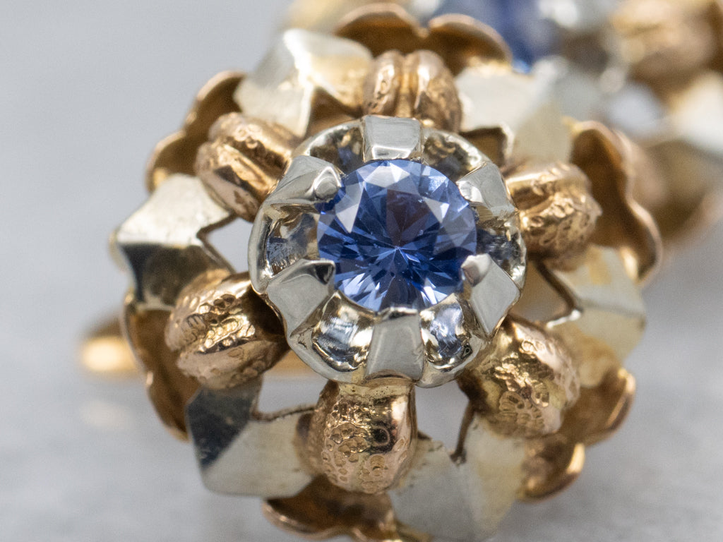 Vintage Two-Tone Gold Floral Sapphire Drop Earrings
