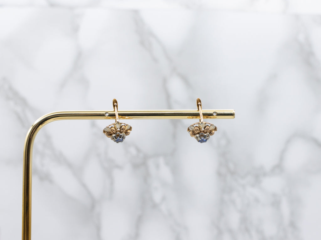 Vintage Two-Tone Gold Floral Sapphire Drop Earrings