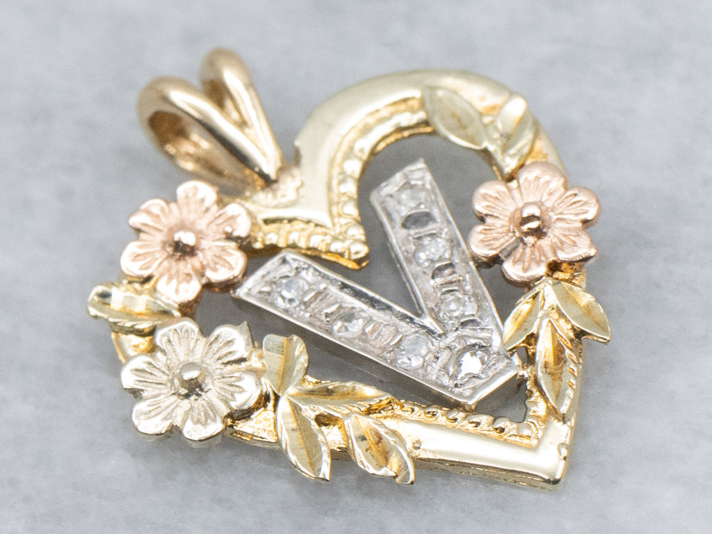Mix-Era Diamond Initial "V"  Floral Gold Heart Pendant