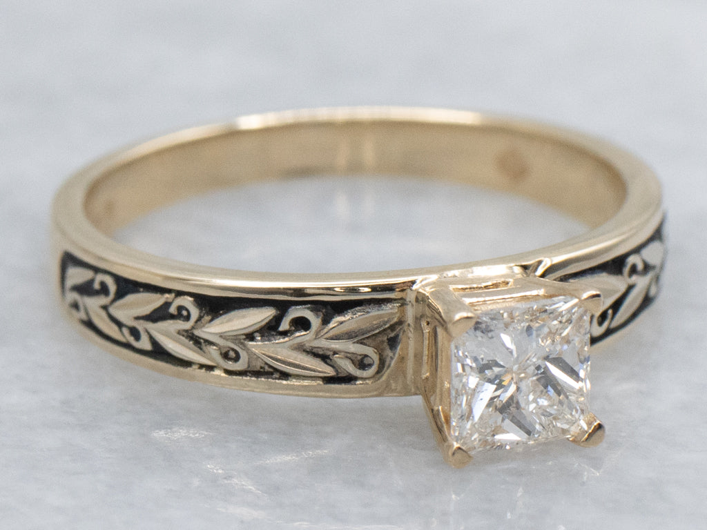Black Enamel Botanical Diamond Engagement Ring
