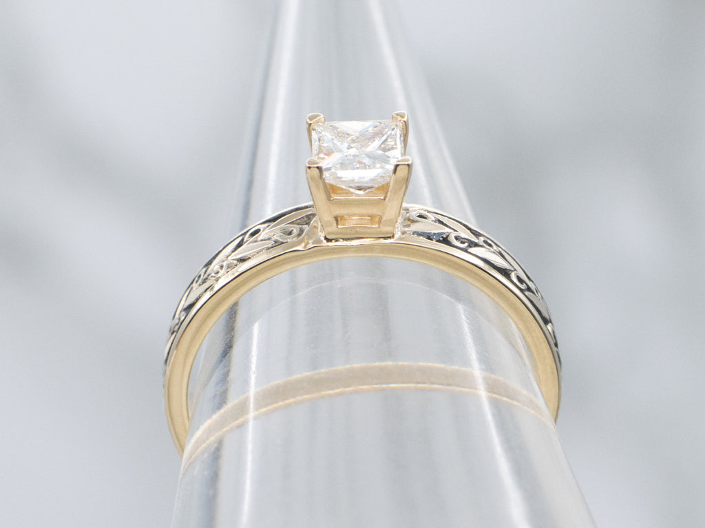 Black Enamel Botanical Diamond Engagement Ring