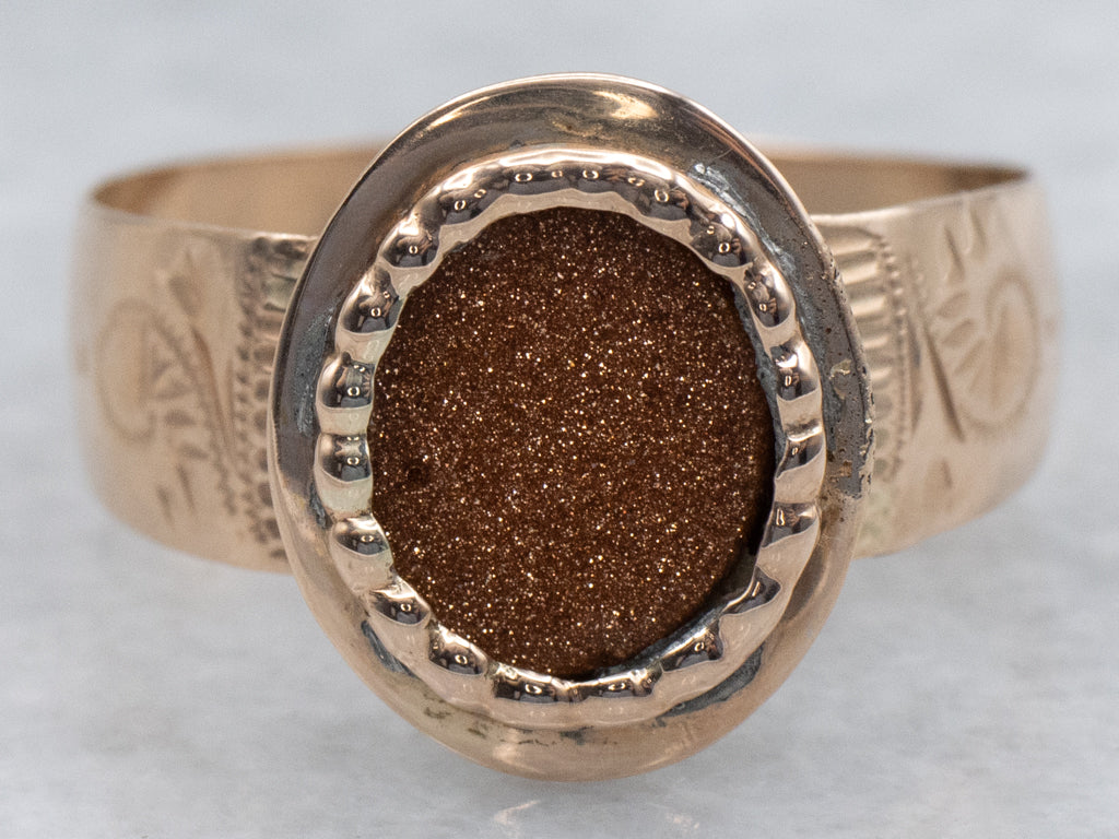 Antique Goldstone Engraved Rose Gold Ring