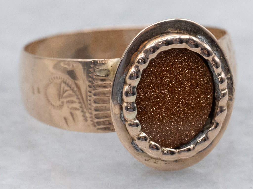 Antique Goldstone Engraved Rose Gold Ring