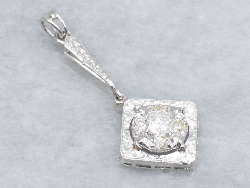 Engraved White Gold Diamond Cluster Drop Pendant