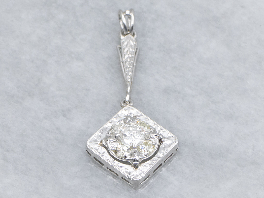 Engraved White Gold Diamond Cluster Drop Pendant