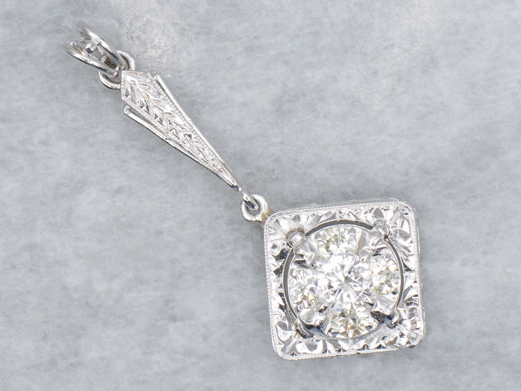 Engraved White Gold Diamond Cluster Drop Pendant