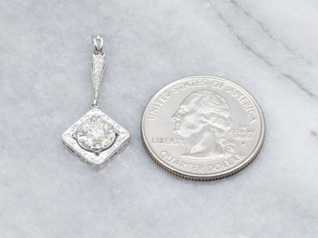 Engraved White Gold Diamond Cluster Drop Pendant