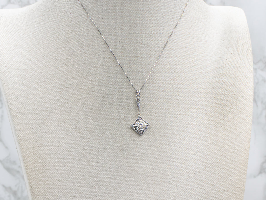 Engraved White Gold Diamond Cluster Drop Pendant