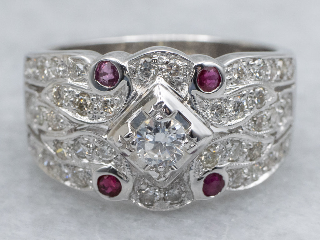 Diamond and Bezel-Set Ruby Accent Wide White Gold Ring