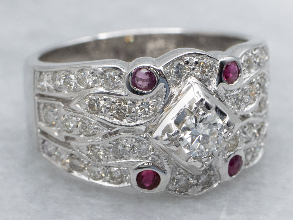 Diamond and Bezel-Set Ruby Accent Wide White Gold Ring
