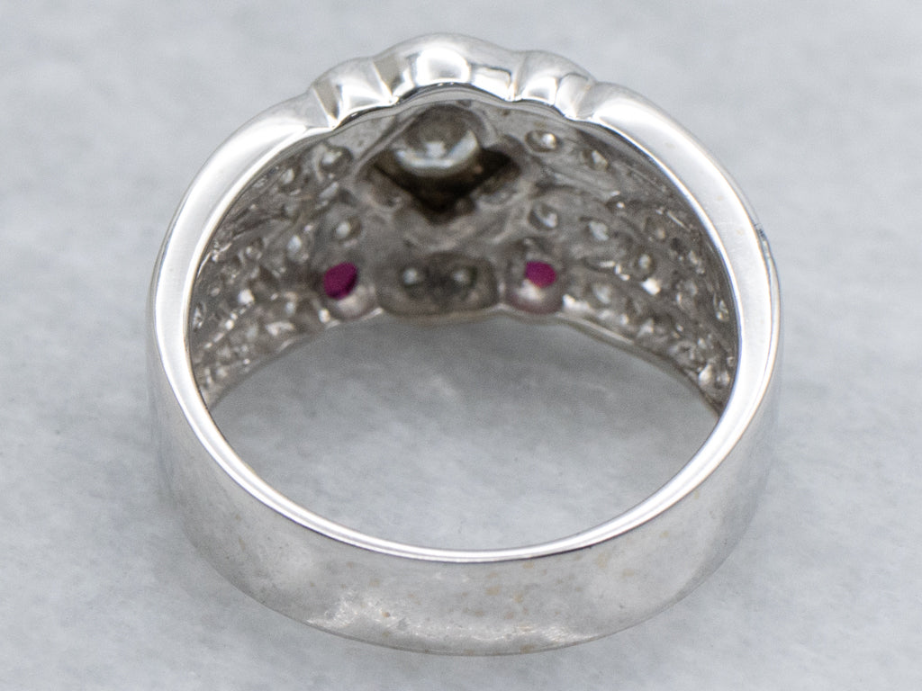 Diamond and Bezel-Set Ruby Accent Wide White Gold Ring