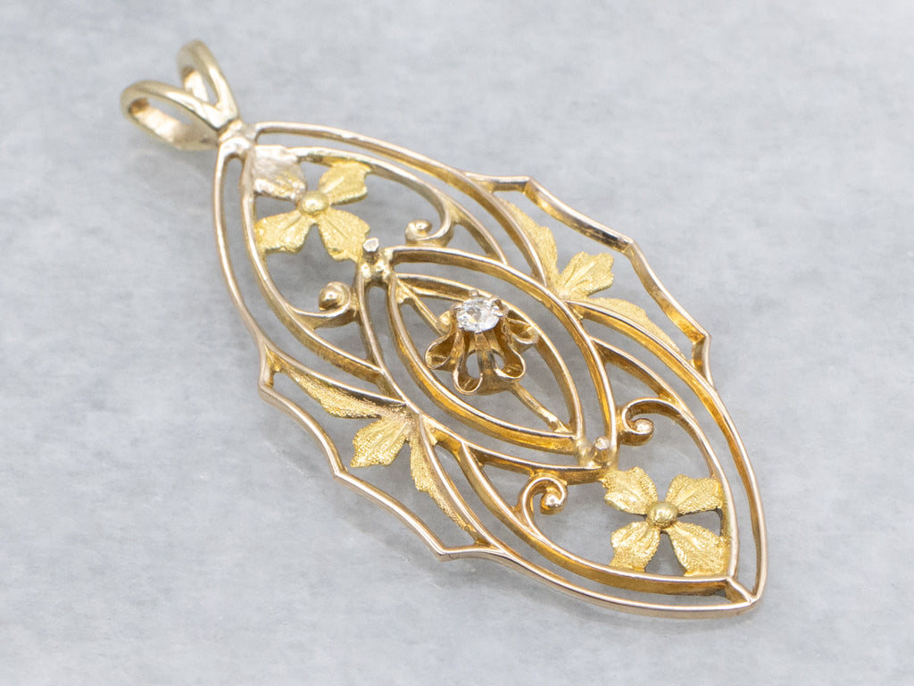 Floral Buttercup-Set Diamond Filigree Gold Pin Conversion Pendant