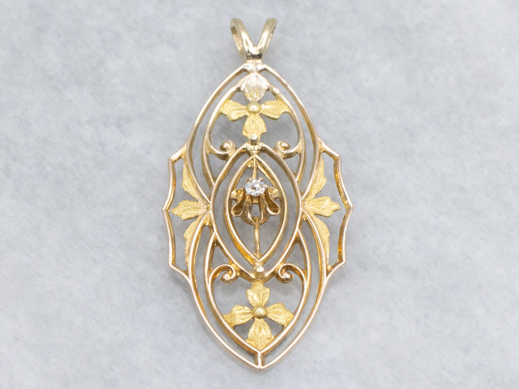Floral Buttercup-Set Diamond Filigree Gold Pin Conversion Pendant