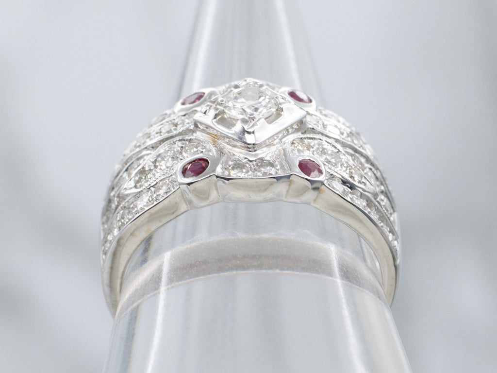 Diamond and Bezel-Set Ruby Accent Wide White Gold Ring