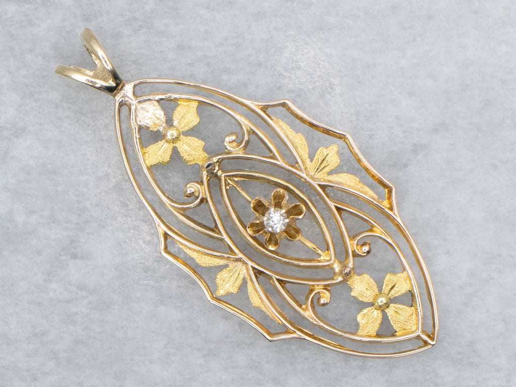 Floral Buttercup-Set Diamond Filigree Gold Pin Conversion Pendant