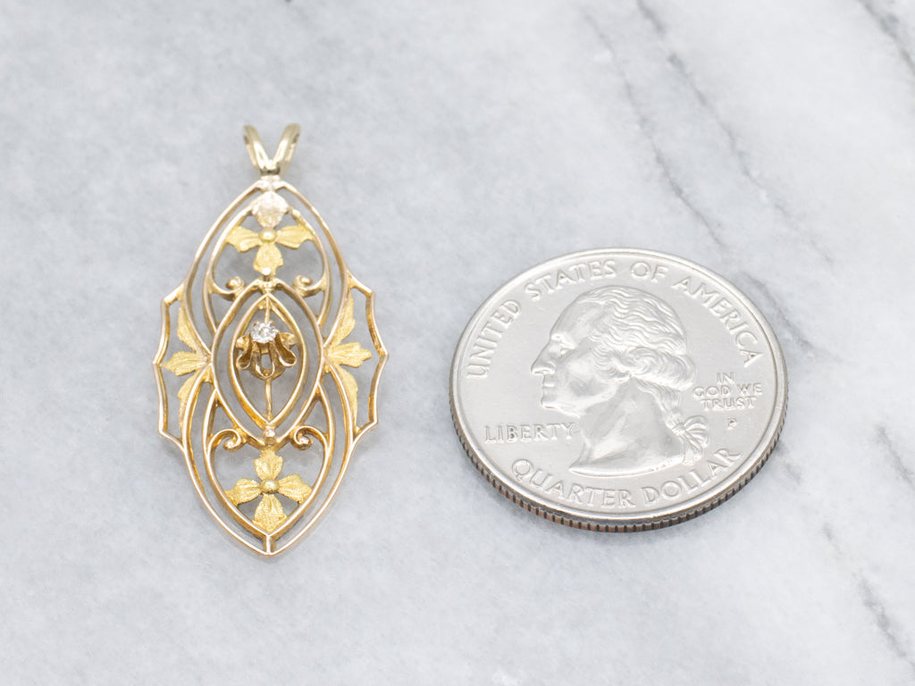 Floral Buttercup-Set Diamond Filigree Gold Pin Conversion Pendant