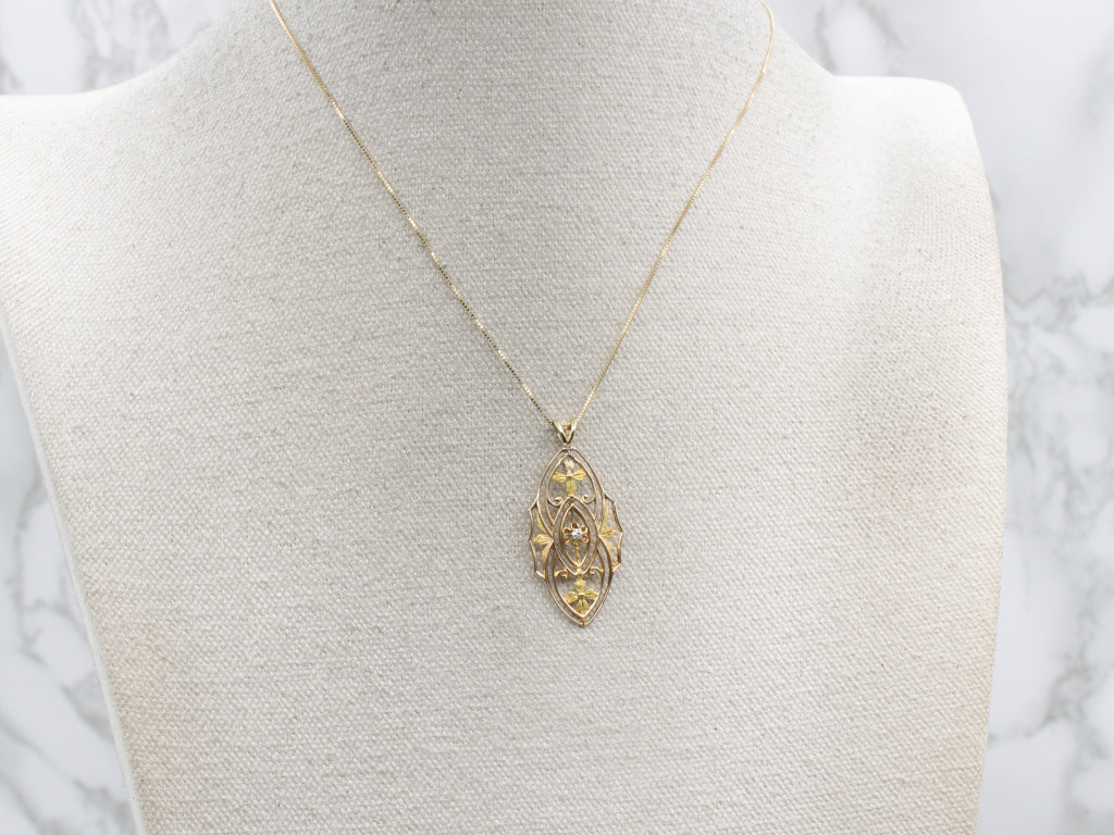 Floral Buttercup-Set Diamond Filigree Gold Pin Conversion Pendant