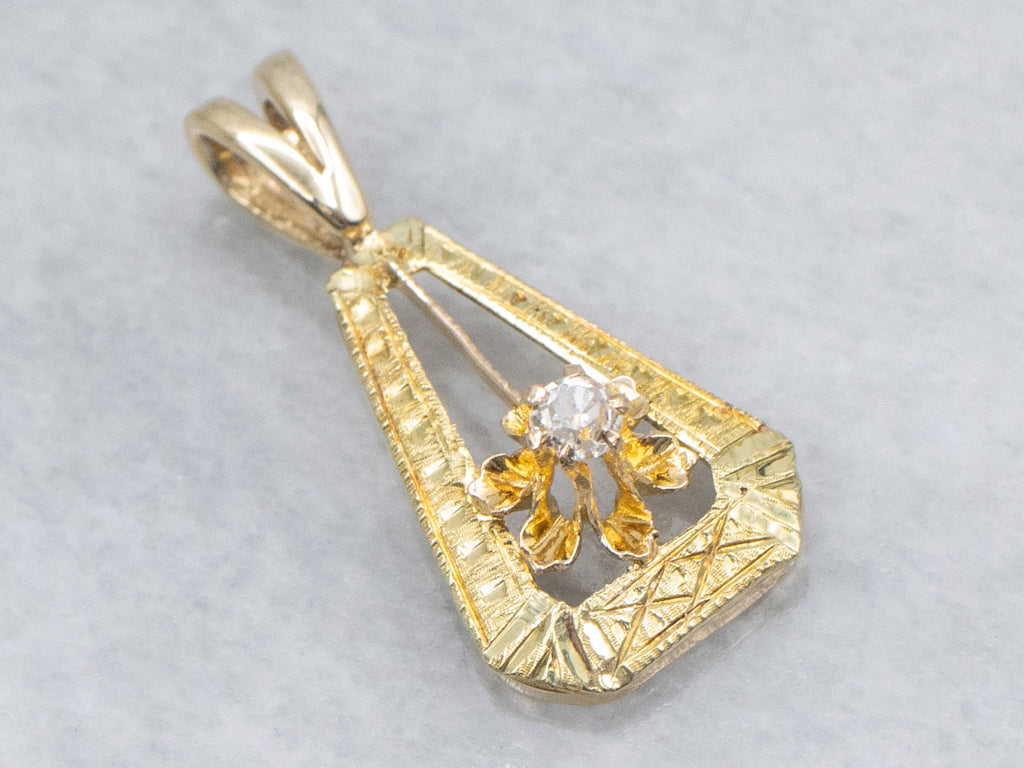 Engraved Gold Buttercup Set Old Mine Cut Diamond Pendant