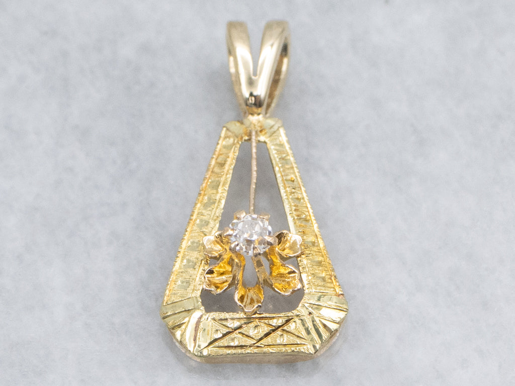 Engraved Gold Buttercup Set Old Mine Cut Diamond Pendant