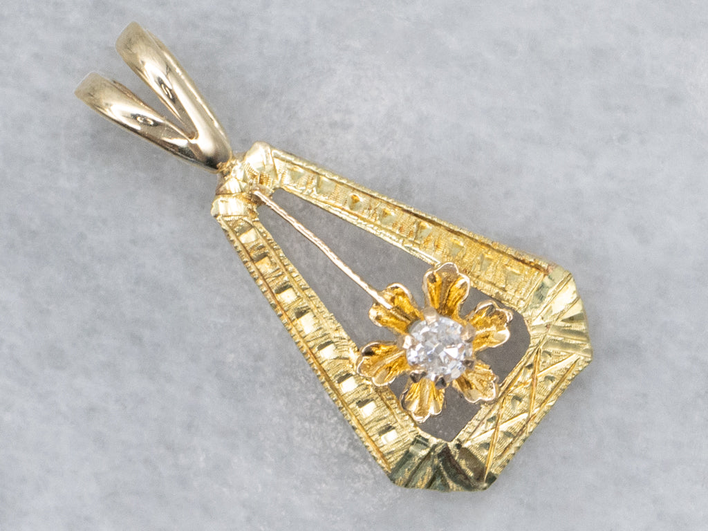 Engraved Gold Buttercup Set Old Mine Cut Diamond Pendant