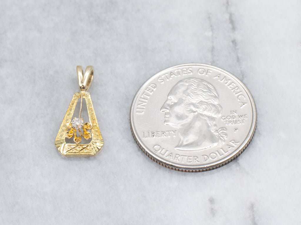 Engraved Gold Buttercup Set Old Mine Cut Diamond Pendant